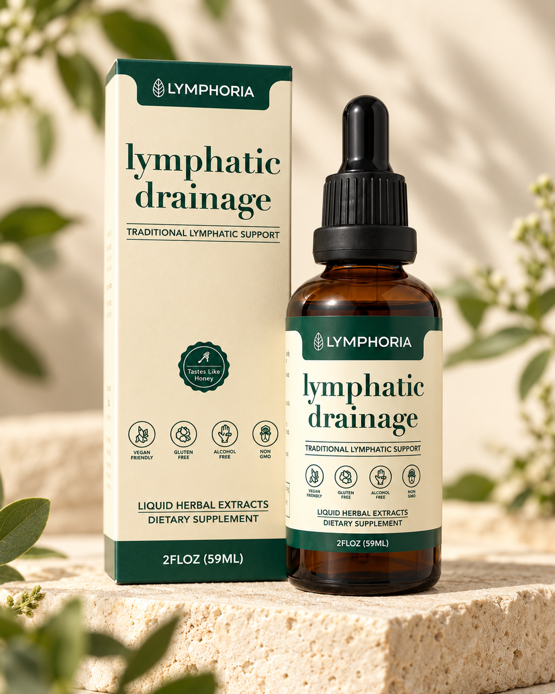 Lymphoria: frasco de 59 ml y caja, sobre una base de piedra clara